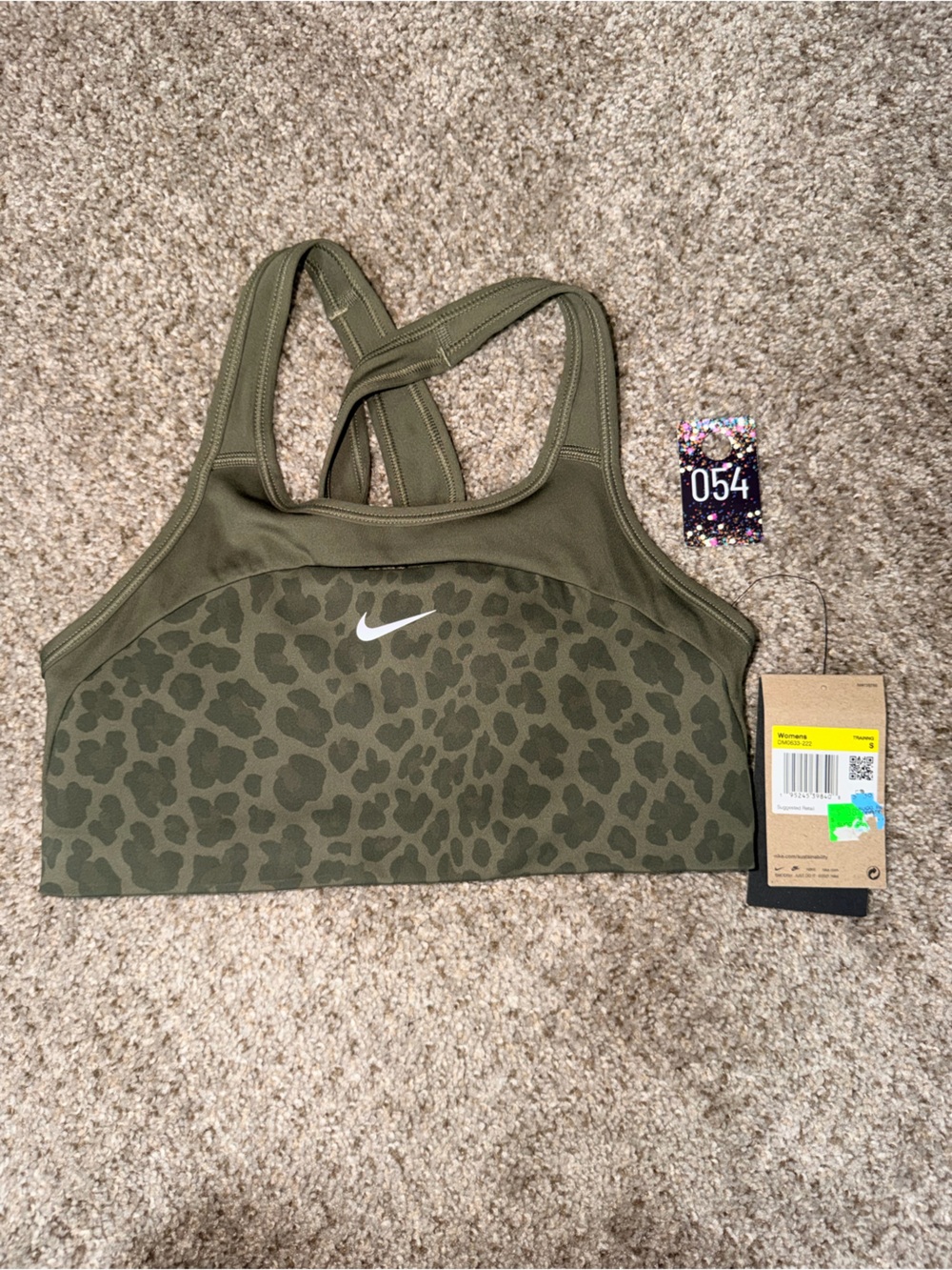 54. Nike Women's Olive Green Leopard Print Dri-FIT Swoosh Medium Support Bra